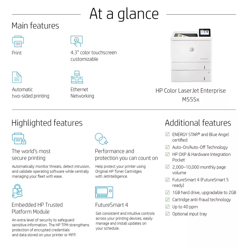 HP Color LaserJet Enterprise M555x, laser, väri, 1200 x 1200 DPI, A4, 38 ppm, kaksipuolinen tulostus