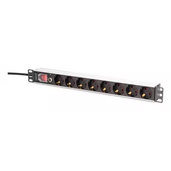 DIGITUS PDU - 1U alumiini räkkiasennus 7x turvalähtö + 1x lähtö 16A 4000W 250VAC 50/60Hz ylikuormitussuoja