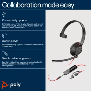 HP Poly Blackwire 5210 monauraalinen USB-C-kuuloke +3.5mm pistoke +USB-C/A sovitin (Bulk)