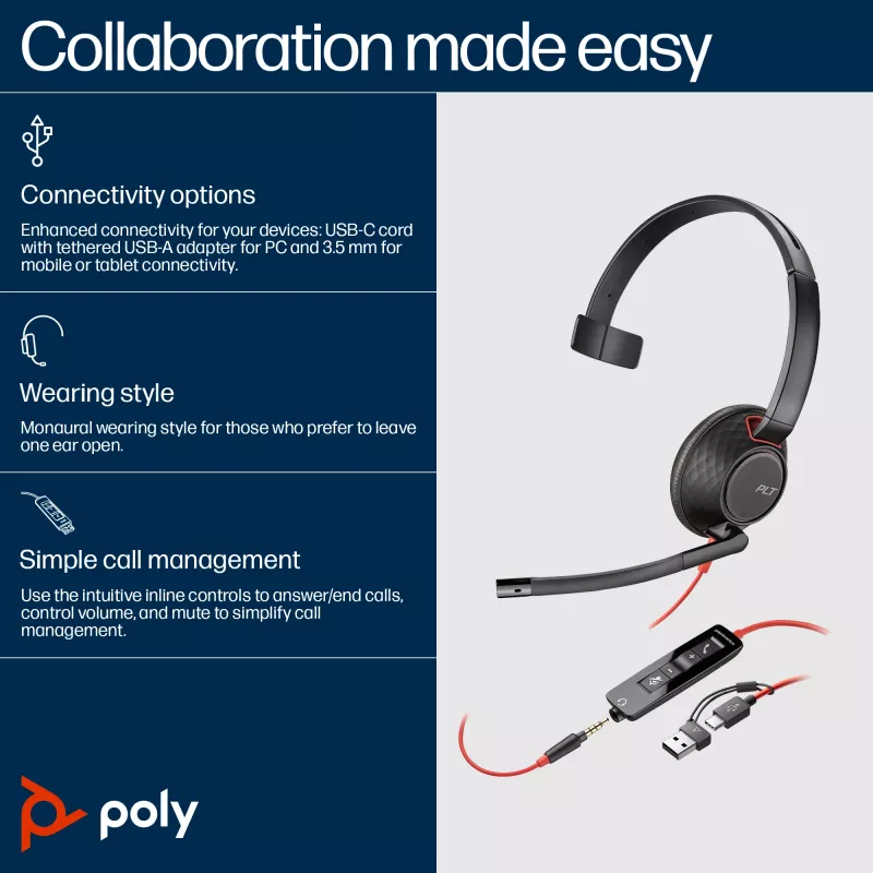 HP Poly Blackwire 5210 monauraalinen USB-C-kuuloke +3.5mm pistoke +USB-C/A sovitin (Bulk)