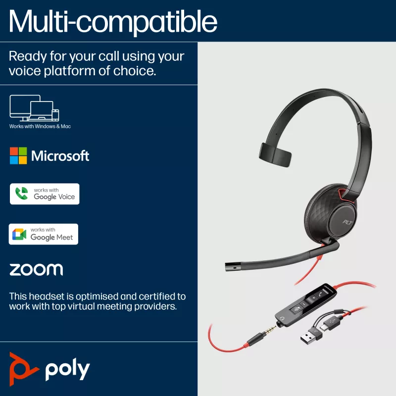 HP Poly Blackwire 5210 monauraalinen USB-C-kuuloke +3.5mm pistoke +USB-C/A sovitin (Bulk)