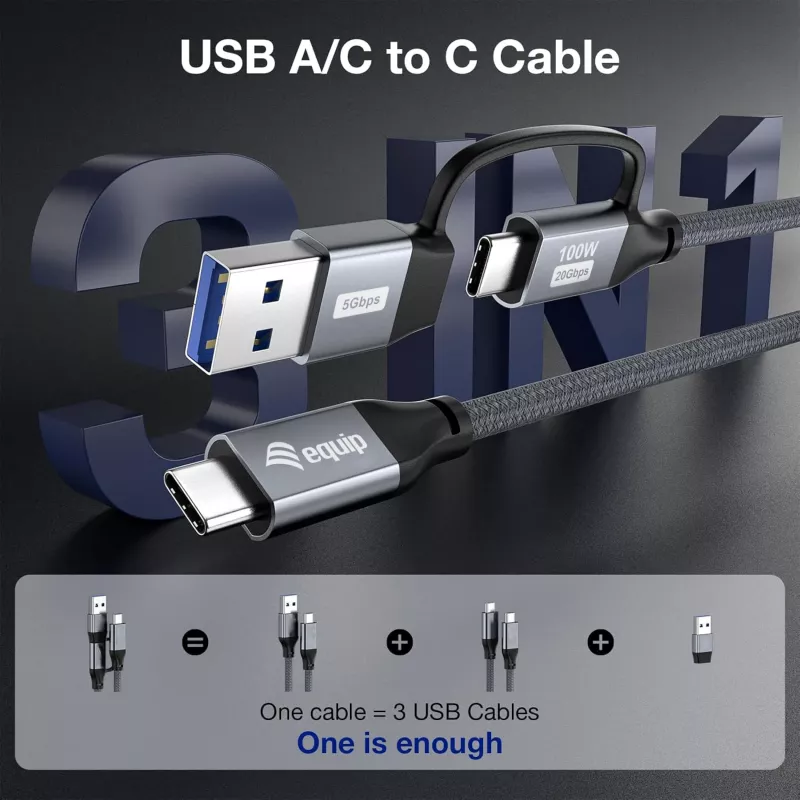 Equip 128433 USB-kaapeli USB 3.2 Gen 2x2 3 m USB A/USB C USB C musta
