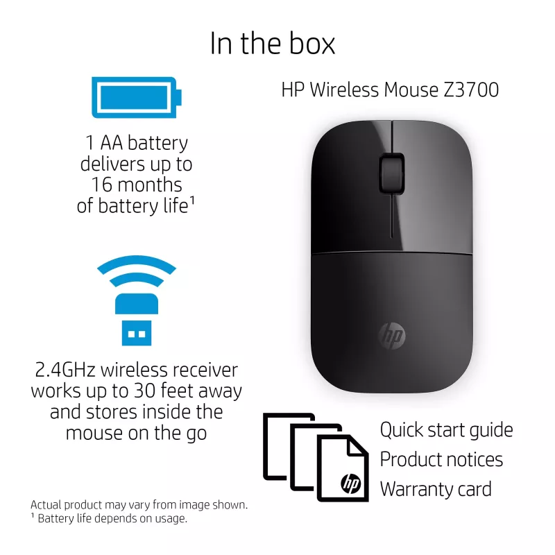 HP Z3700 musta langaton hiiri, molempikätinen, optinen, RF-langaton, 1200 DPI, musta