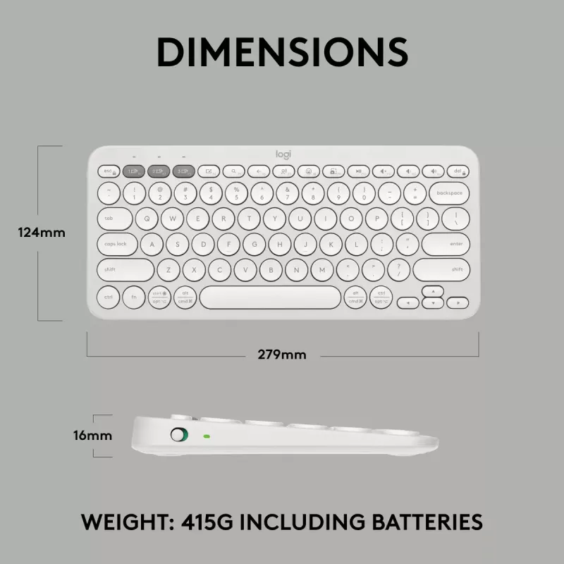 Kompakti mininäppäimistö Logitech Pebble Keys 2 K380s — RF langaton + Bluetooth, QWERTY US International, valkoinen