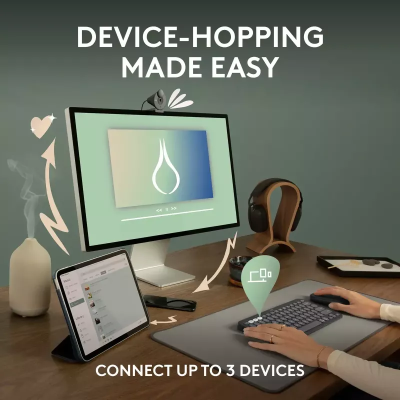 Kompakti mininäppäimistö Logitech Pebble Keys 2 K380s — RF langaton + Bluetooth, QWERTY US International, valkoinen