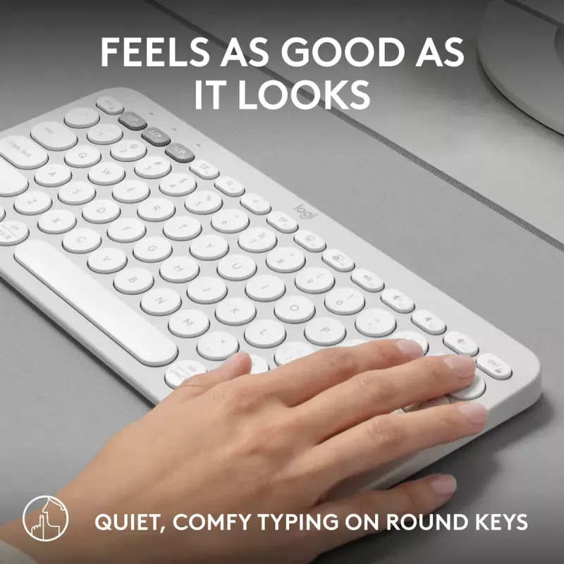 Kompakti mininäppäimistö Logitech Pebble Keys 2 K380s — RF langaton + Bluetooth, QWERTY US International, valkoinen