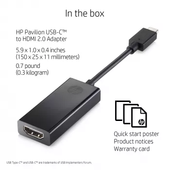 HP USB-C - HDMI 2.0 musta 111,2 mm leveys 44,2 mm syvyys 17,1 mm korkeus