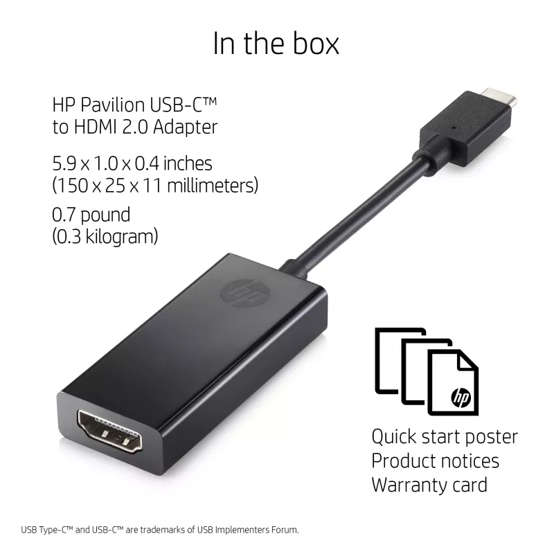 HP 1WC36AA USB-C–HDMI 2.0 -sovitin, USB-C-uros HDMI-naaraaseen, musta