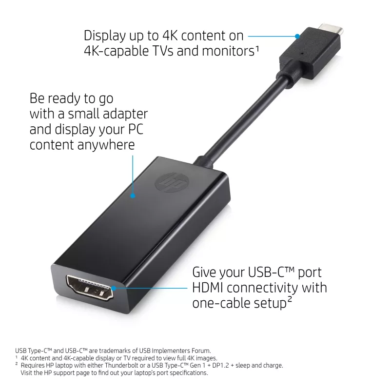 HP 1WC36AA USB-C–HDMI 2.0 -sovitin, USB-C-uros HDMI-naaraaseen, musta