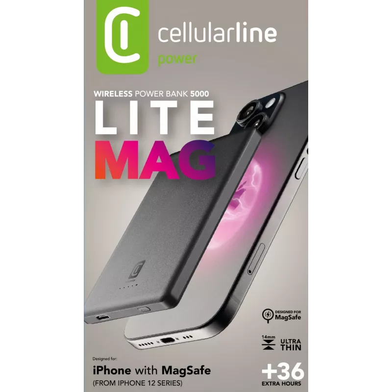 Cellularline Mag Lite 5000 5000mAh langaton varavirtalähde MagSafe-teknologian kanssa yhteensopiva