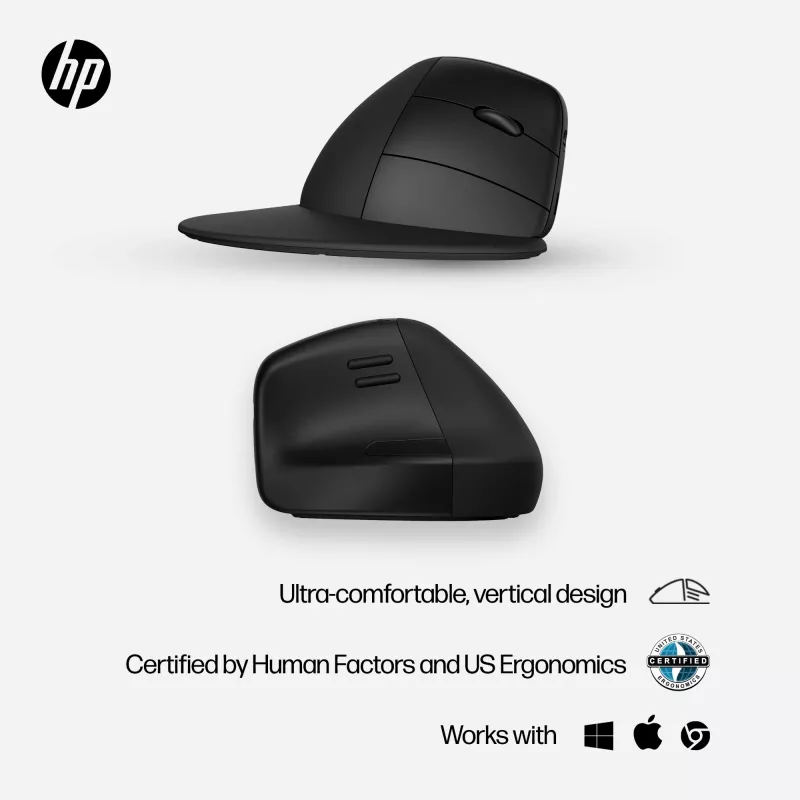HP 920 ergonominen langaton hiiri, oikeakätinen, pystysuunnittelu, Bluetooth + USB Type-A, 4000 DPI, musta