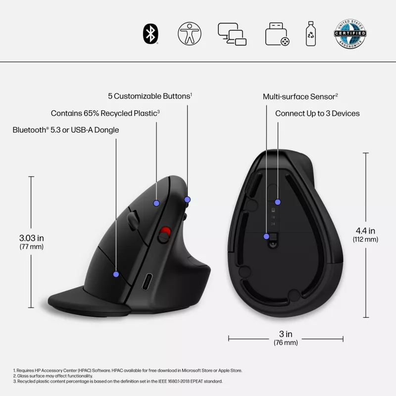 HP 920 ergonominen langaton hiiri, oikeakätinen, pystysuunnittelu, Bluetooth + USB Type-A, 4000 DPI, musta