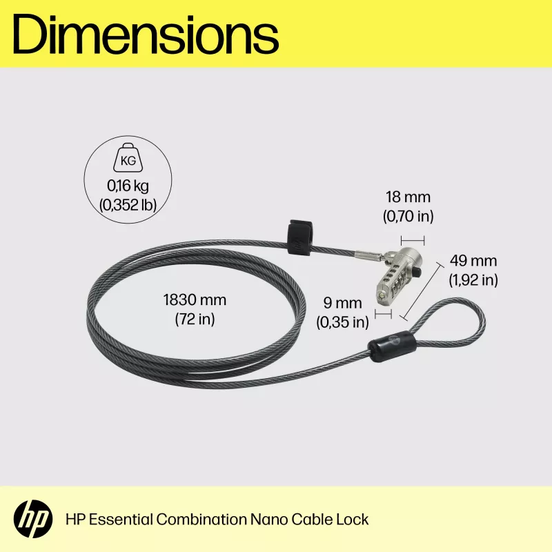 HP Essential Nano yhdistelmäkaapelilukko, 1,83 m, yhdistelmälukko, ruostumaton teräs
