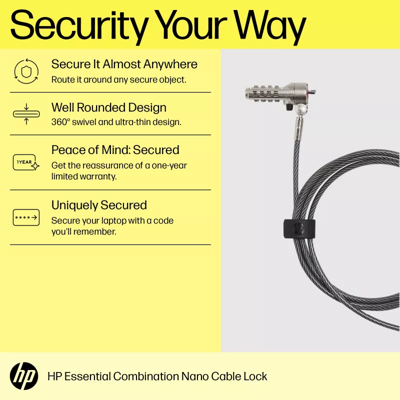 HP Essential Nano yhdistelmäkaapelilukko, 1,83 m, yhdistelmälukko, ruostumaton teräs