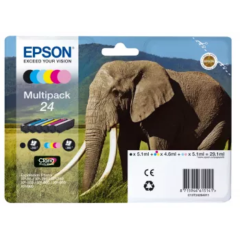 Epson Elephant monipakkaus 6 väriä 24 Claria Photo HD -muste, vakiomäärä, musta, syaani, vaaleansyaani, magenta, vaaleanmagenta, keltainen, 5,1 ml, 4,6 ml, 6 kpl, monipakkaus