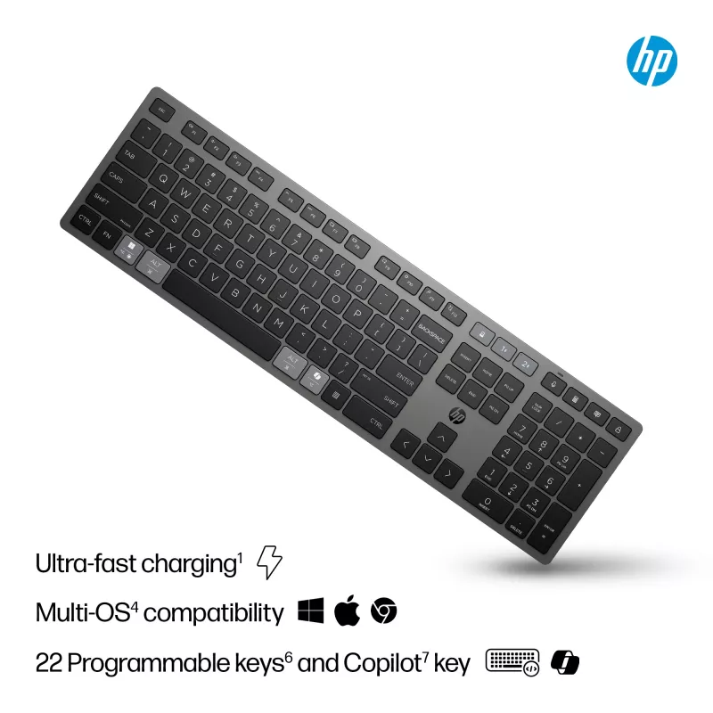 HP 725 Multi-Device ladattava langaton näppäimistö, täysikokoinen (100%), langaton, RF Wireless + Bluetooth, musta