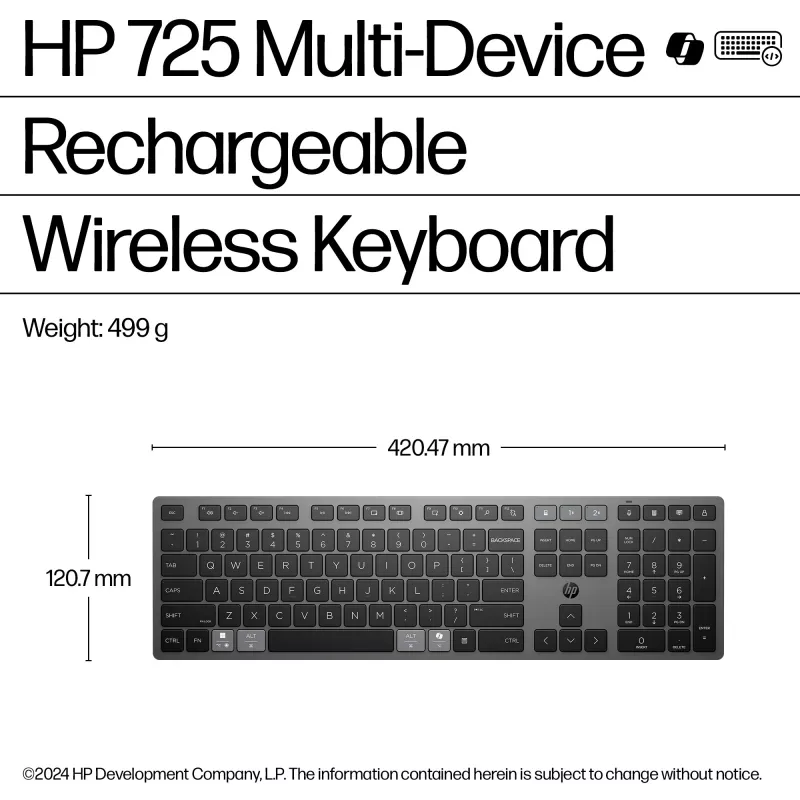 HP 725 Multi-Device ladattava langaton näppäimistö, täysikokoinen (100%), langaton, RF Wireless + Bluetooth, musta