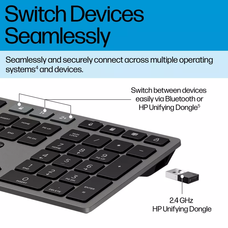HP 725 Multi-Device ladattava langaton näppäimistö, täysikokoinen (100%), langaton, RF Wireless + Bluetooth, musta
