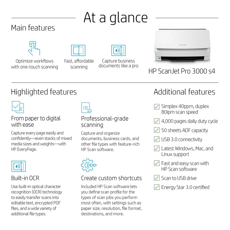 HP Scanjet Pro 3000 s4 arkinsyöttöskanneri 600 x 600 DPI A4 musta, valkoinen