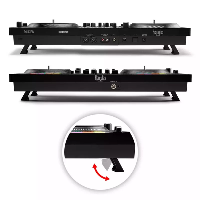 Hercules INPULSE T7 musta DJ-kontrolleri – 3,5 mm/6,35 mm kuulokkeet, USB-kaapeli, 652×350×90 mm