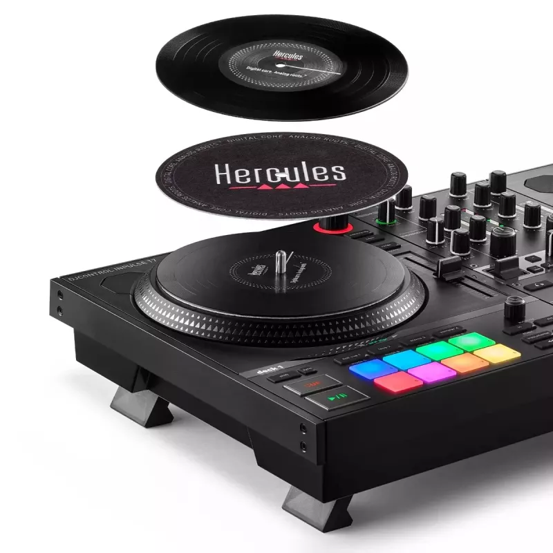 Hercules INPULSE T7 musta DJ-kontrolleri – 3,5 mm/6,35 mm kuulokkeet, USB-kaapeli, 652×350×90 mm
