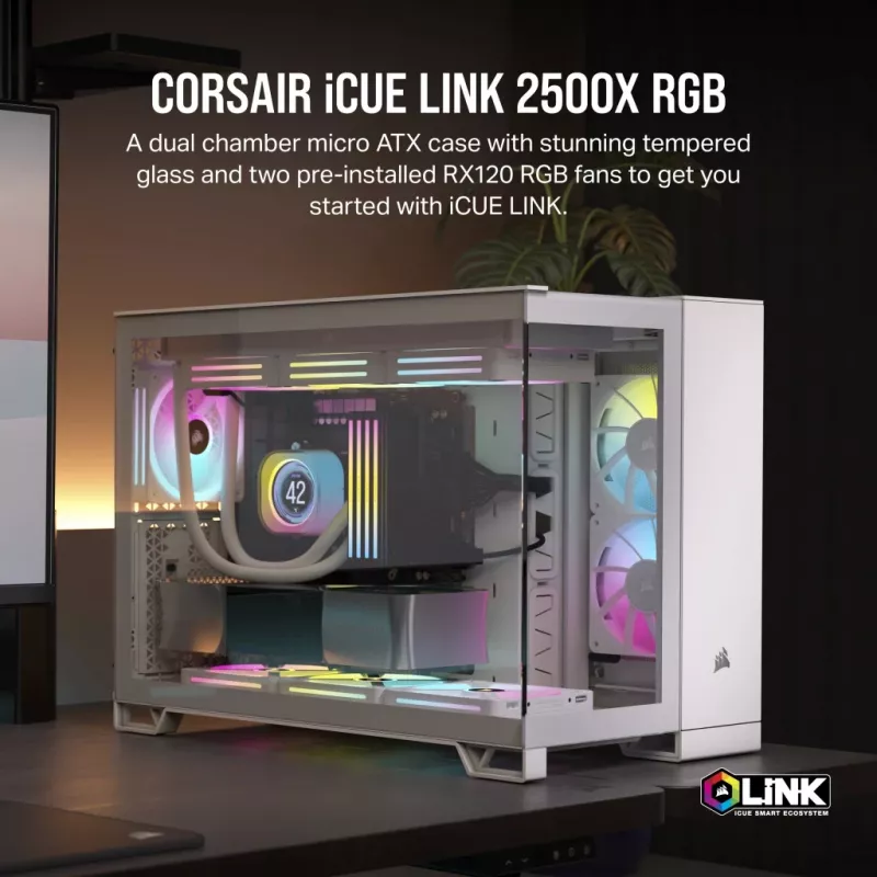 CORSAIR PC-kotelo – iCUE LINK 2500X RGB Micro-ATX Dual-Chamber valkoinen