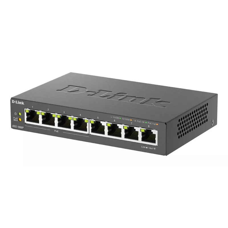 Hallitsematon kytkin D-Link DGS-1008P/E, L2, 8 porttia, PoE