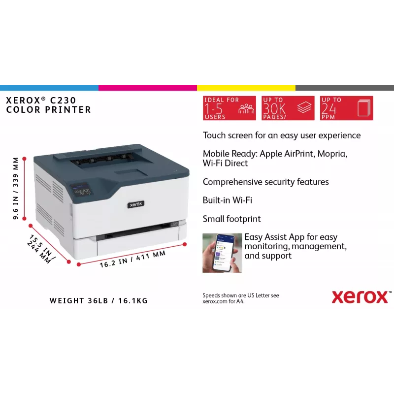 Xerox C230 A4 22ppm langaton duplex tulostin PS3 PCL5e6 2 paperilokeroa yhteensä 251 arkkia