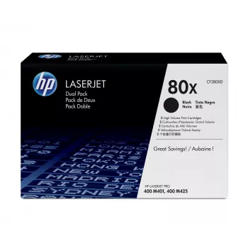 HP 80X 2 kpl:n pakkaus suuri kantama musta alkuperäinen LaserJet värikasetti