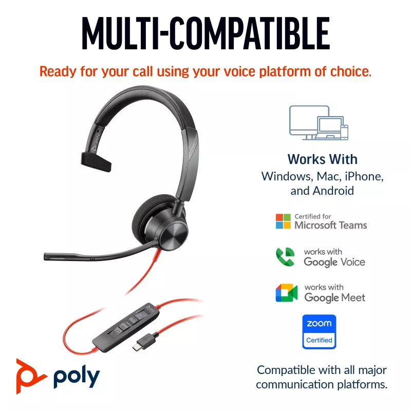 HP Poly Blackwire 3310 yksikanavainen headset USB-C + USB-C/A-sovitin