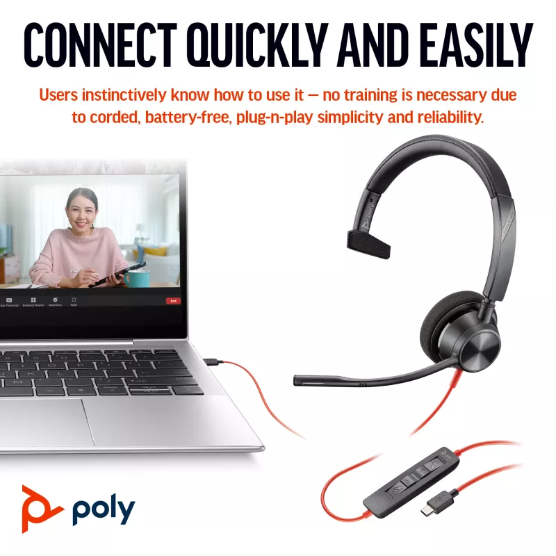 HP Poly Blackwire 3310 yksikanavainen headset USB-C + USB-C/A-sovitin