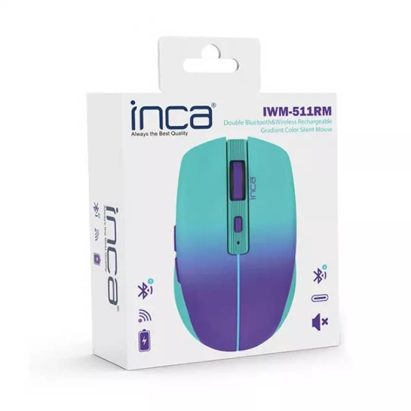 INCA langaton hiiri Iwm-511rm – RF langaton + Bluetooth + USB Type-C – 1600 dpi – 6 painiketta – vihreä violetti
