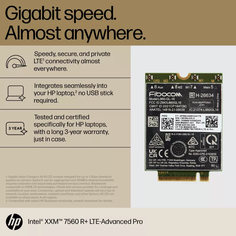 HP XMM 7560 R+ LTE-Advanced Pro WWAN, Kiina, yritys, -20 - 65 °C, -40 - 85 °C, Windows 10, Windows 11, 42 mm