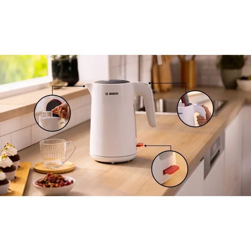 Bosch TWK2M161 vedenkeitin, 1,7 l, 2400 W, valkoinen, muovikotelo, 360°-jalusta
