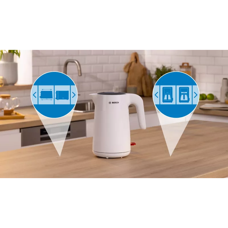 Bosch TWK2M161 vedenkeitin, 1,7 l, 2400 W, valkoinen, muovikotelo, 360°-jalusta