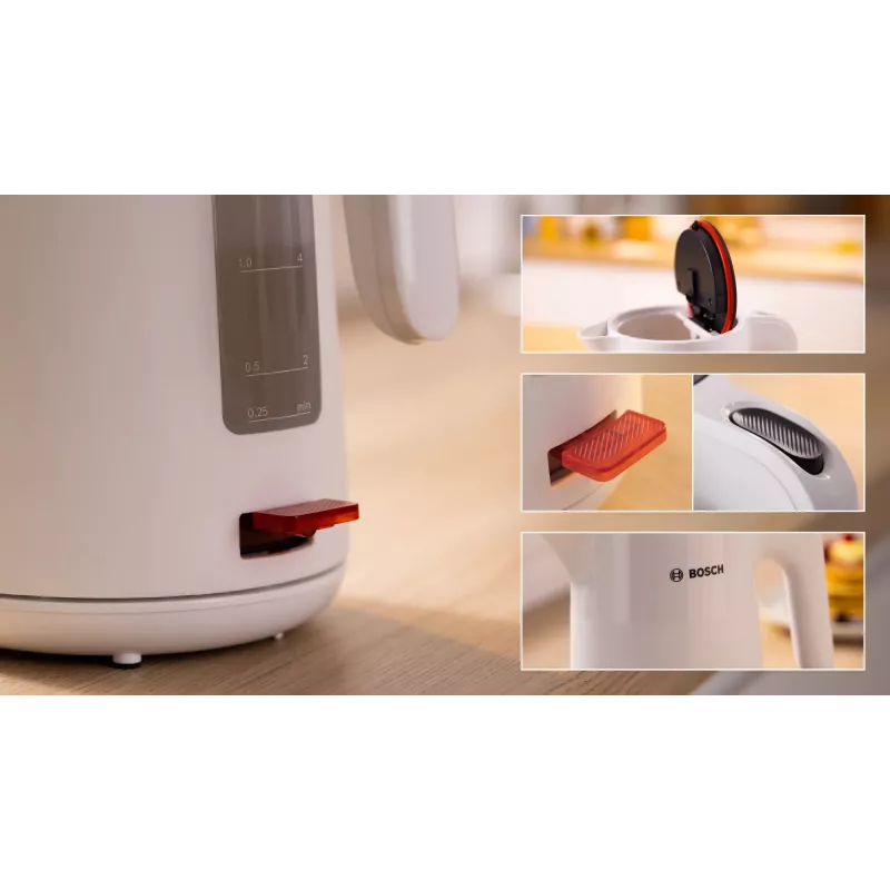 Bosch TWK2M161 vedenkeitin, 1,7 l, 2400 W, valkoinen, muovikotelo, 360°-jalusta