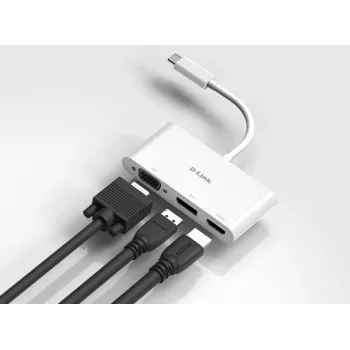 D-Link 3-in-1 USB-C - HDMI/VGA/DisplayPort -sovitin, johdollinen, USB 3.2 Gen 1 (3.1 Gen 1) Type-C, valkoinen, CE, FCC, IC, RCM, DC, 0.04 A