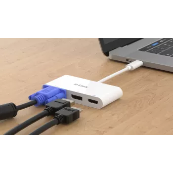 D-Link 3-in-1 USB-C - HDMI/VGA/DisplayPort -sovitin, johdollinen, USB 3.2 Gen 1 (3.1 Gen 1) Type-C, valkoinen, CE, FCC, IC, RCM, DC, 0.04 A