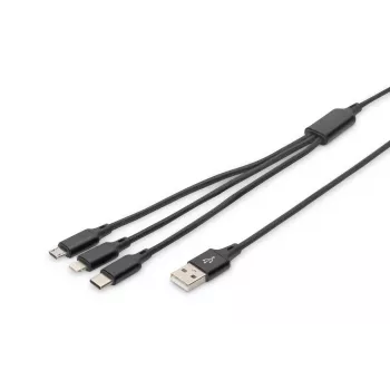 DIGITUS 3-in-1-latauskaapeli USB-A – Lightning + Micro-B + Type-C 1 m
