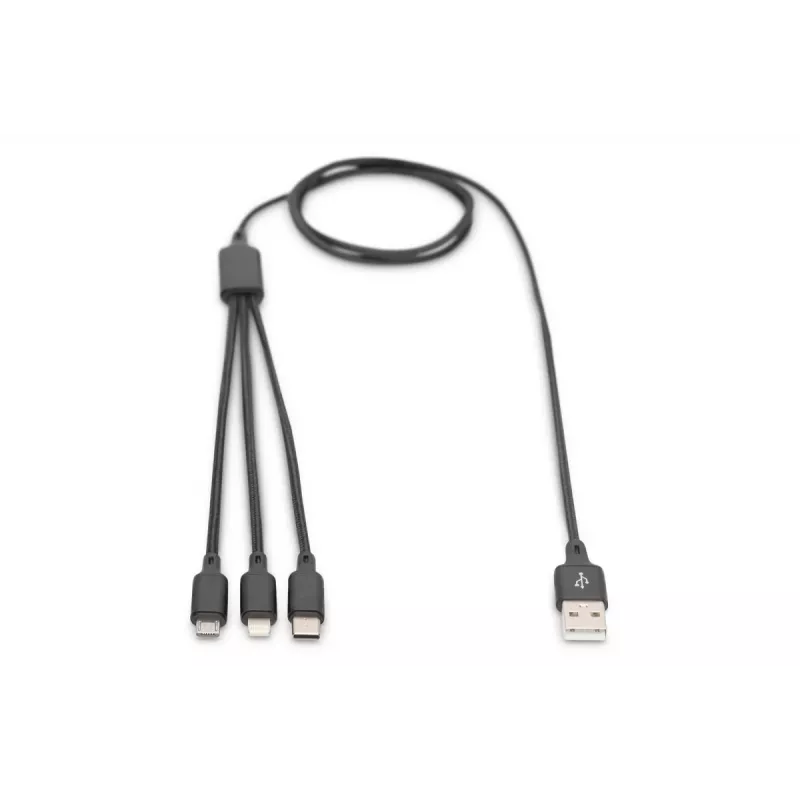 DIGITUS 3-in-1-latauskaapeli USB-A – Lightning + Micro-B + Type-C 1 m