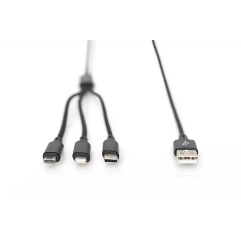 DIGITUS 3-in-1-latauskaapeli USB-A – Lightning + Micro-B + Type-C 1 m