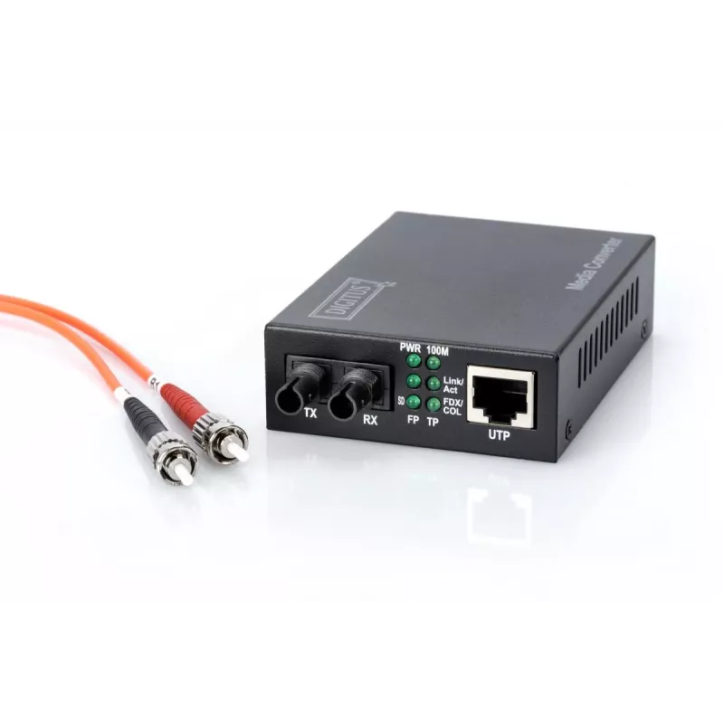 DIGITUS mediakonvertteri, multimode 10/100Base-TX – 100Base-FX, sis. virtalähteen, ST-liitin, jopa 2 km