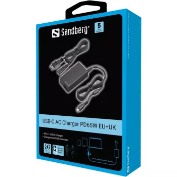 Sandberg 135-76 USB-C verkkovirtalaturi PD65W EU+UK, 65 W, 3,25 A, 100-240 V, 1,8 m kaapeli