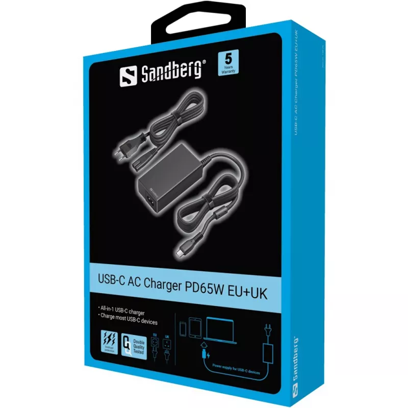 Sandberg 135-76 USB-C verkkovirtalaturi PD65W EU+UK, 65 W, 3,25 A, 100-240 V, 1,8 m kaapeli