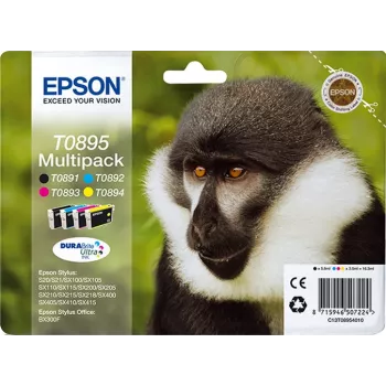 Epson Monkey 4-värin monipakkaus T0895 DURABrite Ultra muste, musta, syaani, magenta, keltainen, 5,8 ml, 3,5 ml, 1 kpl, monipakkaus