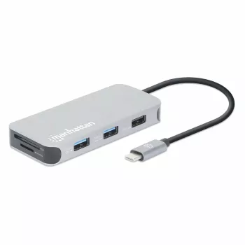 Manhattan USB-C-telakka/keskitin kortinlukijalla, liitännät (x6): Ethernet, HDMI, USB-A (x3) ja USB-C, Power Delivery (100 W) USB-C-liitännässä (huom: erillinen USB-C-virtalähde ja USB-C-kaapeli tarvitaan), yleinen kaikille laitteille, kaapeli 15 cm, alumiini, hopea