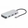 Manhattan USB-C-telakka/keskitin kortinlukijalla, liitännät (x6): Ethernet, HDMI, USB-A (x3) ja USB-C, Power Delivery (100 W) USB-C-liitännässä (huom: erillinen USB-C-virtalähde ja USB-C-kaapeli tarvitaan), yleinen kaikille laitteille, kaapeli 15 cm, alumiini, hopea