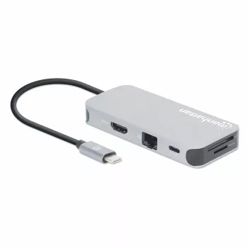 Manhattan USB-C-telakka/keskitin kortinlukijalla, liitännät (x6): Ethernet, HDMI, USB-A (x3) ja USB-C, Power Delivery (100 W) USB-C-liitännässä (huom: erillinen USB-C-virtalähde ja USB-C-kaapeli tarvitaan), yleinen kaikille laitteille, kaapeli 15 cm, alumiini, hopea