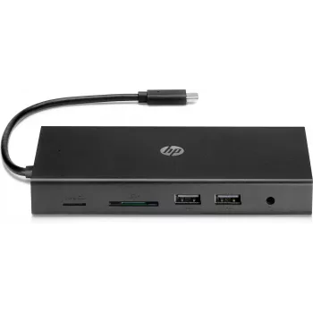 USB-C-moniporttikeskitin HP Travel – HP 1C1Y5AA, USB-C-isäntä, HDMI 2.0, VGA, 1×RJ-45, 2×USB-A 3.2 Gen1, 2×USB 2.0, MicroSD-kortinlukija, musta