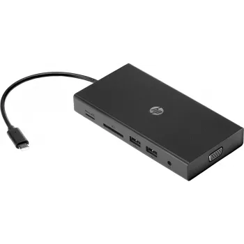 USB-C-moniporttikeskitin HP Travel – HP 1C1Y5AA, USB-C-isäntä, HDMI 2.0, VGA, 1×RJ-45, 2×USB-A 3.2 Gen1, 2×USB 2.0, MicroSD-kortinlukija, musta